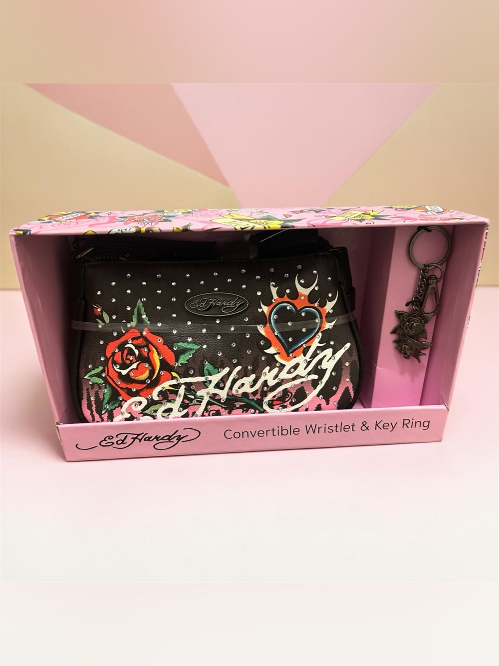 Ed Hardy Convertible Wristlet and Key Ring with Rose and Heart Tattoo Motif